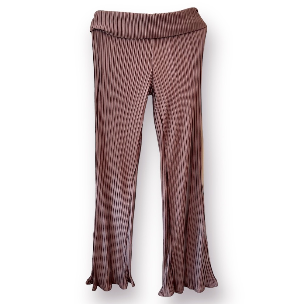 Love Cameron LA Light brown Wide Leg Ruffled Stretchy Pants High Waist Pull On